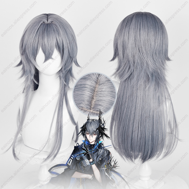 Anime Cosplay Blue Hair - วิกผมคอสเพลย์วิกผมปลอมยาว62ซม. สีฟ้าสีเทาทนความร้อนโลโก้ arknights