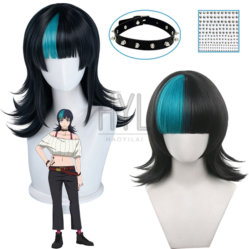Anime Cosplay Blue Hair - วิกคอสเพลย์อนิเมะคิราระ โฮชิ สีดำน้ำเงิน ผมสั้นสังเคราะห์ พร้อมปลอกคอและหมุดติดคอ สำหรับผู้หญิงและผู้ชาย
