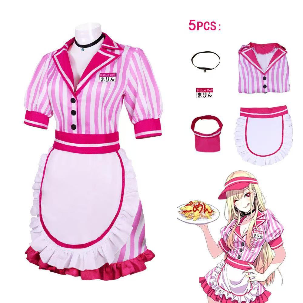 Kitagawa Anime Cosplay - มายเดรสอัพ ดาร์ลิ่ง มาริน คิตากาวะคอสเพลย์เครื่องแต่งกายพินลายทางชุดแม่บ้านพร้อมหมวกผ้ากันเปื้อนสำหรับผู้หญิงคอมมิคคอนฮาโลวีน